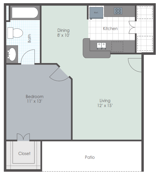 Floor plan for 1 bed, 1 bath, 812 sqft